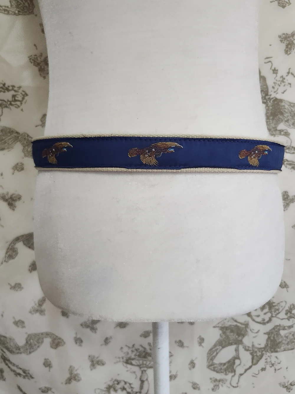VTG Leather Man Ltd. Blue Mallard Duck Design Leather Canvas Belt Men's Size 34